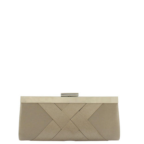 Gabee.com.au-Gabee-DELISSA SATIN CLUTCH METAL BAR ON TOP-TAUPE-Clutch - 1